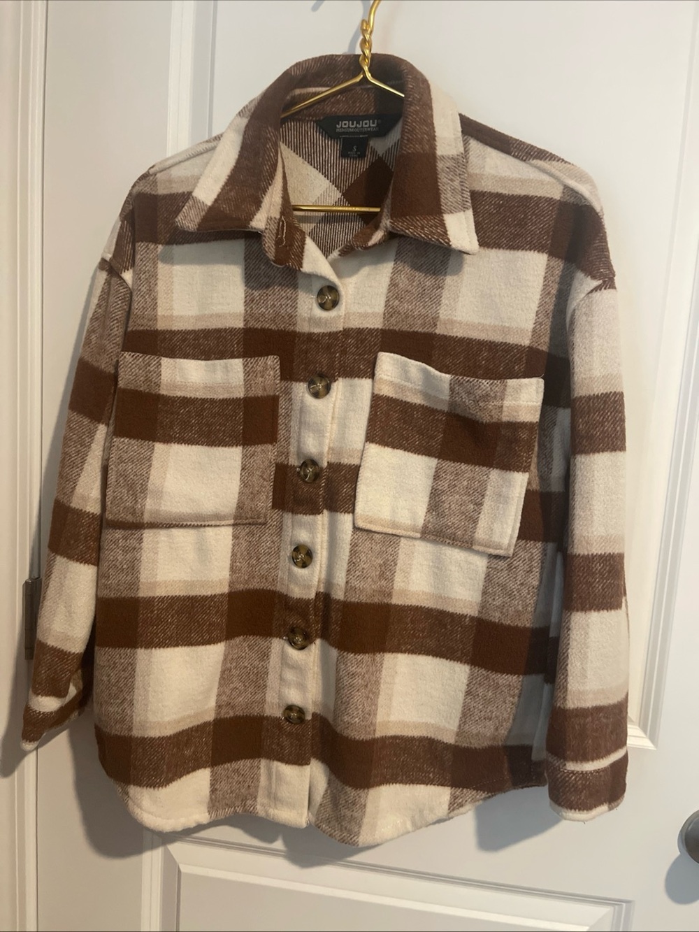 Jou Jou Women’s S Brown & Cream Plaid Button-Front Shacket 21 P-P 28L
